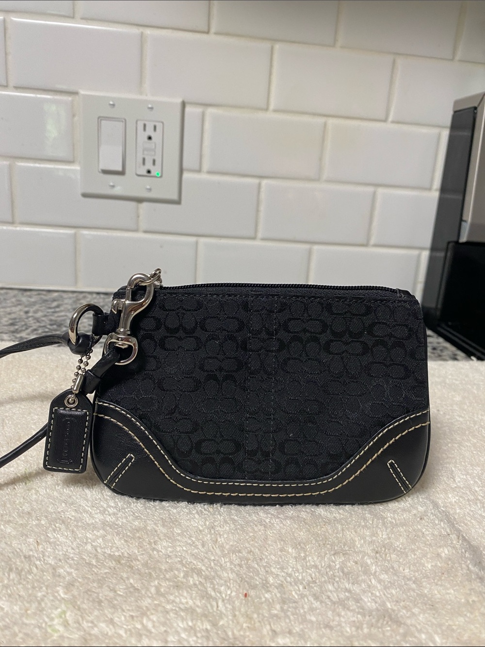 Coach Black Signature Jacquard Wristlet with Leather Trim